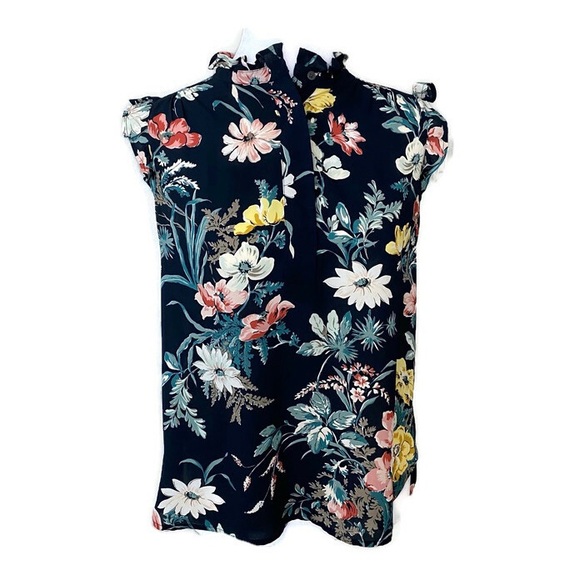 LOFT Ruffled Navy Floral Shell Top - Picture 1 of 11
